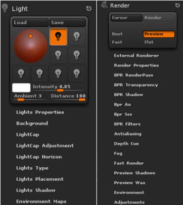 ZBrush 2021 灯光调整界面